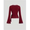 image:imageMakeMeChic Womens Wrap Blouse Pilates Workout Top Lace Trim Bell Sleeve V Neck ShirtBurgundy