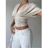 image:imageMakeMeChic Womens Y2k Crop Tops Deep V Neck Dolman Sleeve Tops Cute Summer T Shirt Going Out TopsApricot
