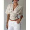 image:imageMakeMeChic Womens Y2k Crop Tops Deep V Neck Dolman Sleeve Tops Cute Summer T Shirt Going Out TopsApricot