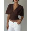 image:imageMakeMeChic Womens Y2k Crop Tops Deep V Neck Dolman Sleeve Tops Cute Summer T Shirt Going Out TopsCoffee Brown