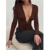 image:imageMakeMeChic Womens Y2k Deep V Neck Top Asymmetrical Cowl Neck Long Sleeve Going Out Tops T ShirtCoffee Brown