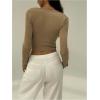 image:imageMakeMeChic Womens Y2k Deep V Neck Top Asymmetrical Cowl Neck Long Sleeve Going Out Tops T ShirtKhaki