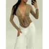 image:imageMakeMeChic Womens Y2k Deep V Neck Top Asymmetrical Cowl Neck Long Sleeve Going Out Tops T ShirtKhaki