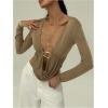 image:imageMakeMeChic Womens Y2k Deep V Neck Top Asymmetrical Cowl Neck Long Sleeve Going Out Tops T ShirtKhaki