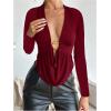image:imageMakeMeChic Womens Y2k Deep V Neck Top Asymmetrical Cowl Neck Long Sleeve Going Out Tops T ShirtRed