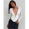 image:imageMakeMeChic Womens Y2k Deep V Neck Top Asymmetrical Cowl Neck Long Sleeve Going Out Tops T ShirtWhite