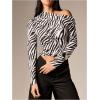 image:imageMakeMeChic Womens Zebra Striped Crop Tops Off The Shoulder Ruched Long Sleeve Tee TopBlack and White