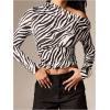image:imageMakeMeChic Womens Zebra Striped Crop Tops Off The Shoulder Ruched Long Sleeve Tee TopBlack and White