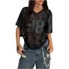 image:imageMakeMeChic Lace Jersey Shirts for Women V Neck Letter Graphic Tee Oversized Sheer TopsBlack B