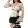 image:imageMakeMeChic Womens Boho 70s Mesh Tops Polka Dots Bell Sleeve Square Neck Peplum Blouse TopMulticolor