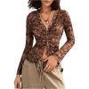 image:imageMakeMeChic Womens Boho Paisley Print V Neck Sheer Blouse Ruched Button Down Long Sleeve Mesh Western TopsBrown