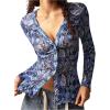 image:imageMakeMeChic Womens Boho Paisley Print V Neck Sheer Blouse Ruched Button Down Long Sleeve Mesh Western TopsMulticolor