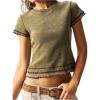 image:imageMakeMeChic Womens Crop Tee Shirt Ruffle Trim Short Sleeve Crew Neck Slim Fitted Casual Knit TopGreen