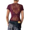 image:imageMakeMeChic Womens Deep V Neck Floral Lace T Shirt Wrap Twist Back Short Sleeve Tee Crop TopsBurgundy