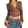 image:imageMakeMeChic Womens Floral Lace Bell Sleeve T Shirt Deep V Neck Scallop Mesh Crop TopsBrown