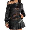 image:imageMakeMeChic Womens Floral Lace Number Jersey Shirt Long Sleeve Sheer Off The Shoulder Y2K Tee TopsBlack