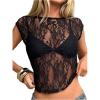 image:imageMakeMeChic Womens Floral Lace Tee Shirts Mesh Sheer Cap Sleeve Y2K Crop Concert Tops New Years Eve OutfitBlack