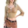 image:imageMakeMeChic Womens Floral Notch V Neck Crop Tops 34 Sleeve Ruffle Trim Western Cowboy T ShirtKhaki