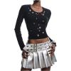 image:imageMakeMeChic Womens Grommet Eyelet Crew Neck Tee Shirt Long Sleeve Fitted Y2K Punk Crop TopsBlack