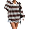 image:imageMakeMeChic Womens Jersey Striped Tee Shirt Spring Collar V Neck Long Sleeve Retro Y2K TopsBrown and Grey