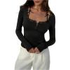 image:imageMakeMeChic Womens Lace Top Square Neck T Shirt Bow Button Front Long Sleeve Slim Fit TopsBlack