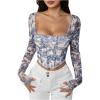 image:imageMakeMeChic Womens Long Sleeve Corset Top Graphic Square Neck Fall Retro Vintage Crop TopsMulticolor