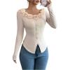 image:imageMakeMeChic Womens Long Sleeve Fall Cute Tops 3D Floral Pearl Scoop Neck Elegant Boho TopsApricot