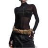 image:imageMakeMeChic Womens Mesh Sheer T Shirt High Neck Cross Long Sleeve Fitted Party Night Out TopsBlack