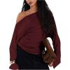 image:imageMakeMeChic Womens Off The Shoulder Sweatshirt Asymmetrical Tops Y2k Long Sleeve T Shirt Going Out TopsRose Red