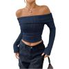 image:imageMakeMeChic Womens Off The Shoulder T Shirt Long Sleeve Knit Fitted Crop TopsBlue