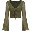 image:imageMakeMeChic Womens Spring Mesh Bell Sleeve Top Y2K Sheer Tie Front Crop Tops Tee ShirtArmy Green