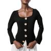 image:imageMakeMeChic Womens Square Neck T Shirt Gold Button Long Sleeve Tee Tops Old Money ClothesBlack
