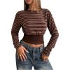 image:imageMakeMeChic Womens Striped Long Sleeve Crop Tops Crew Neck Long Sleeve Y2K Tee ShirtsCoffee Brown