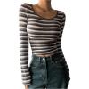 image:imageMakeMeChic Womens Striped Long Sleeve Shirts Scoop Neck Tops Slim Fit Rib Knit Fall Basic TeeBrown