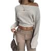 image:imageMakeMeChic Womens Striped Off The Shoulder Crop Tops Long Sleeve Asymmetrical Neck Y2K Tee ShirtApricot