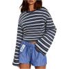 image:imageMakeMeChic Womens Striped Shirt Long Bell Sleeve Crew Neck Basic Going Out TopsBlue