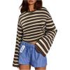 image:imageMakeMeChic Womens Striped Shirt Long Bell Sleeve Crew Neck Basic Going Out TopsCoffee Brown