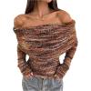 image:imageMakeMeChic Womens Striped Sweater Off The Shoulder Long Sleeve Tops Y2k Fuzzy Going Out TopsBrown