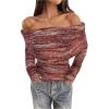 image:imageMakeMeChic Womens Striped Sweater Off The Shoulder Long Sleeve Tops Y2k Fuzzy Going Out TopsBurgundy