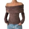 image:imageMakeMeChic Womens Striped Sweater Off The Shoulder Long Sleeve Tops Y2k Fuzzy Going Out TopsRust Brown