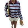 image:imageMakeMeChic Womens Striped T Shirts Button Up Collar Long Sleeve Preppy Rugby Shirt TopsCoffee Brown