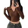 image:imageMakeMeChic Womens V Neck T Shirts Collared Long Sleeve Rib Knit Fitted Y2k Crop TopsRust Brown