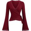 image:imageMakeMeChic Womens Wrap Blouse Pilates Workout Top Lace Trim Bell Sleeve V Neck ShirtBurgundy