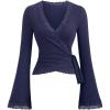 image:imageMakeMeChic Womens Wrap Blouse Pilates Workout Top Lace Trim Bell Sleeve V Neck ShirtRoyal Blue