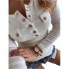 image:imageMakeMeChic Womens Y2K Long Sleeve Knitted Rib Tee Shirt Square Neck Button Front TopsWhite