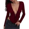 image:imageMakeMeChic Womens Y2k Deep V Neck Top Asymmetrical Cowl Neck Long Sleeve Going Out Tops T ShirtRed