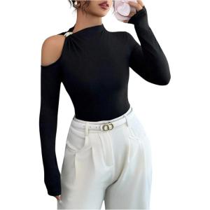 image:imageMakeMeChic Womens Asymmetrical Tops Cut Out Long Sleeve Elegant Tee Shirt Fitted Tops Fall ClothesBlack