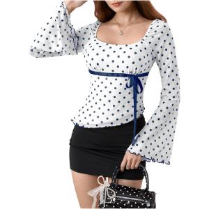 image:imageMakeMeChic Womens Boho 70s Mesh Tops Polka Dots Bell Sleeve Square Neck Peplum Blouse TopBlue