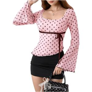 image:imageMakeMeChic Womens Boho 70s Mesh Tops Polka Dots Bell Sleeve Square Neck Peplum Blouse TopPink