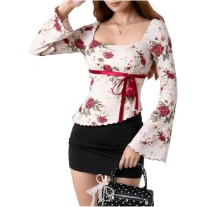 image:imageMakeMeChic Womens Boho 70s Mesh Tops Polka Dots Bell Sleeve Square Neck Peplum Blouse TopRed and White